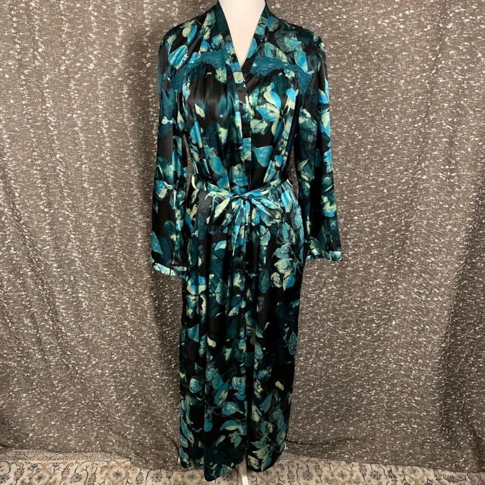 Vintage Sensara Satin Long Robe Womens L/XL Teal Blue Floral Kimono Lace Trim